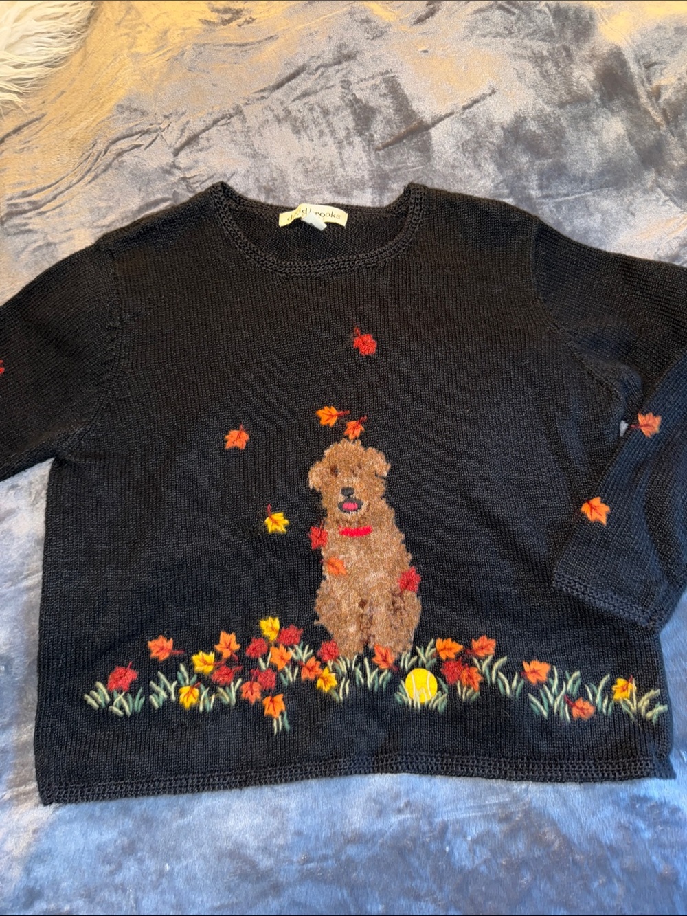 david brooks Black Crewneck Sweater with Embroidered Dog and Autumn Flowers